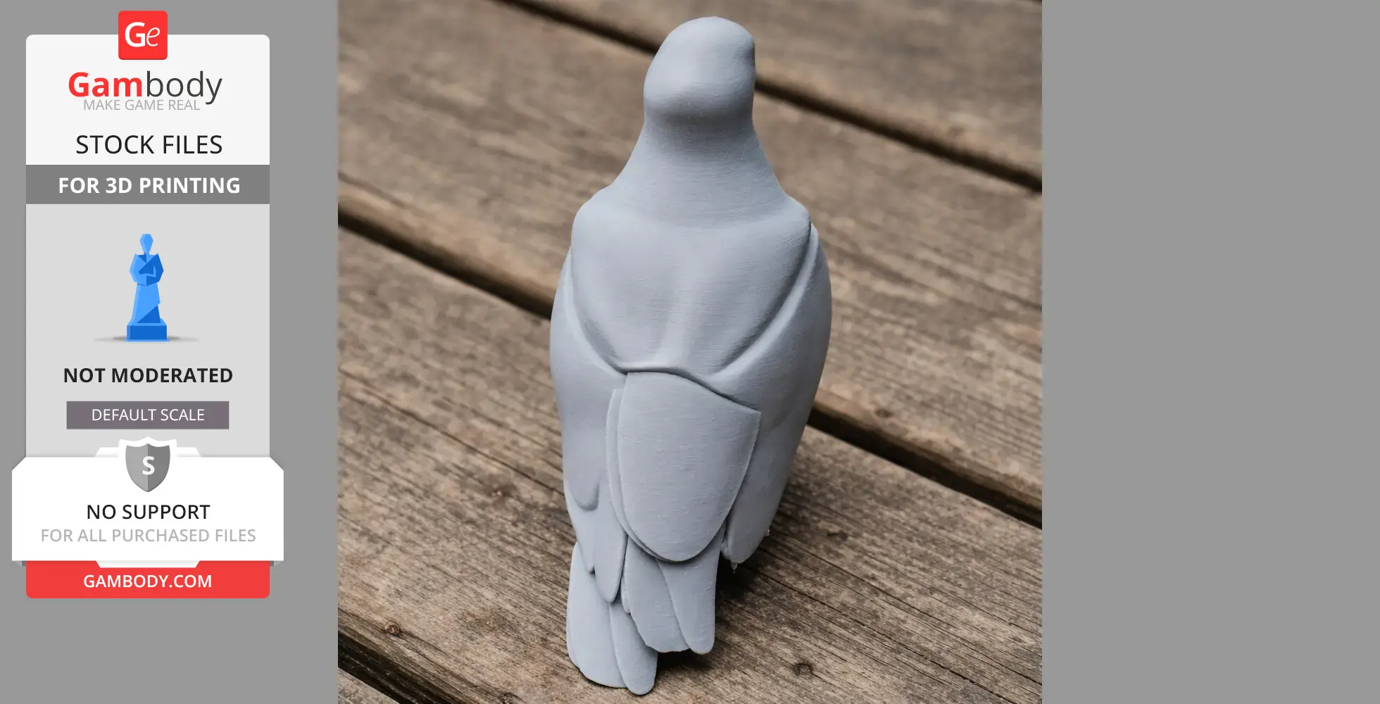 Smooth, abstract 3D printed figure resembling a bird, viewed from behind, on a wooden surface.