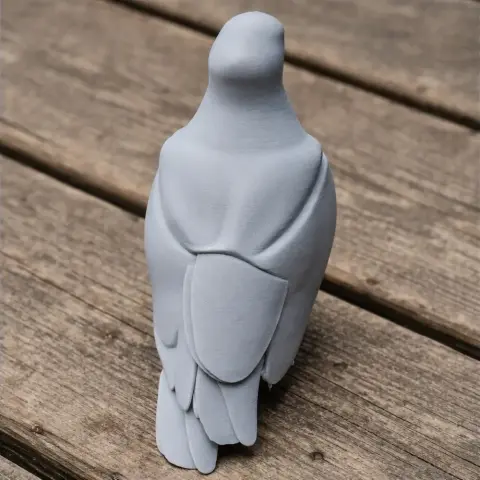3D-printed model of a stylized prehistoric bird with simplified features on a wooden surface.