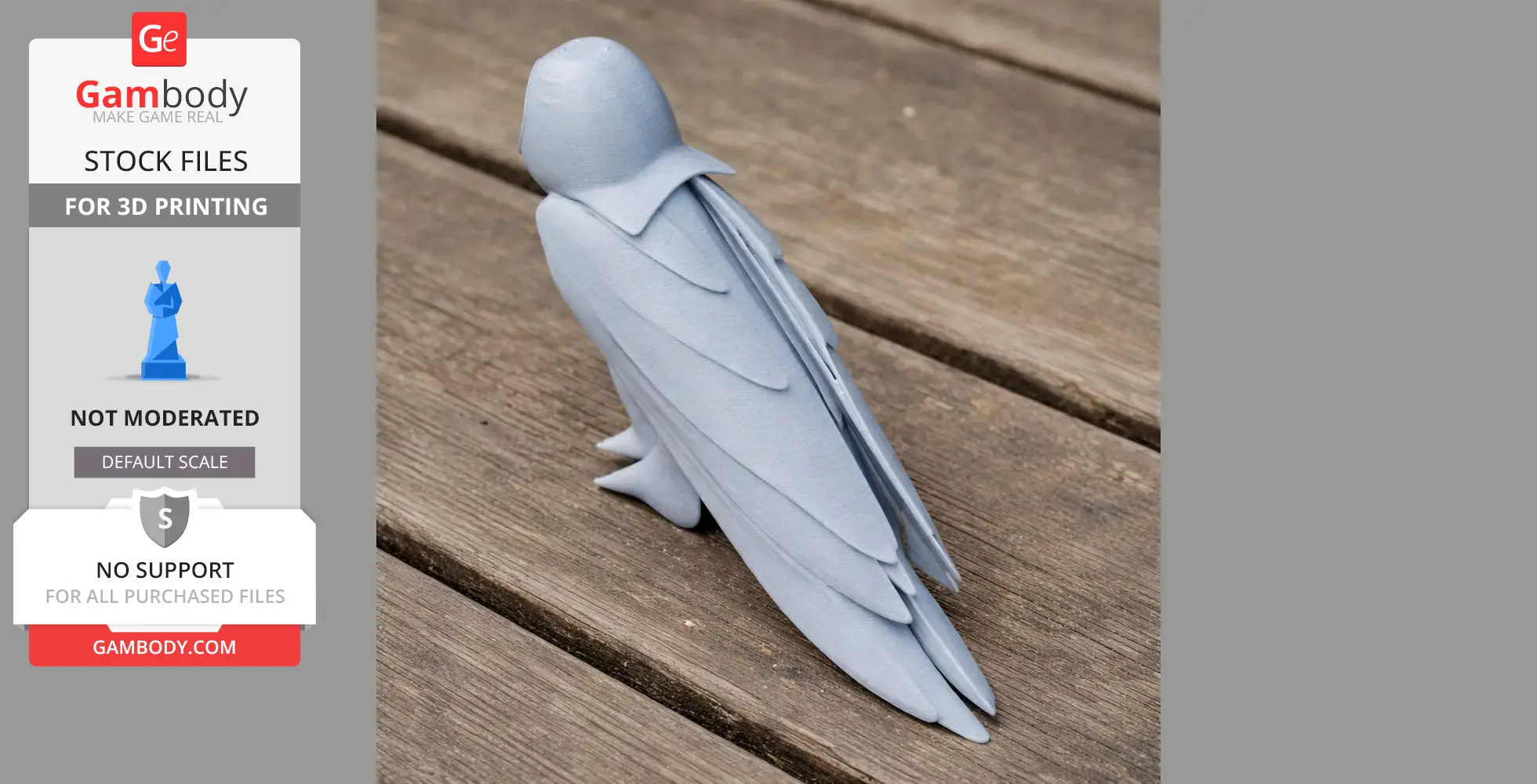 3D-printed model of a stylized barn owl from behind, showcasing detailed feathers, on a wood surface.