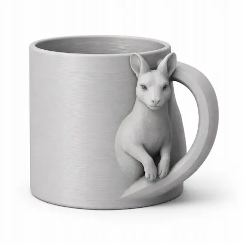 Gray mug with a kangaroo figure integrated into the handle.