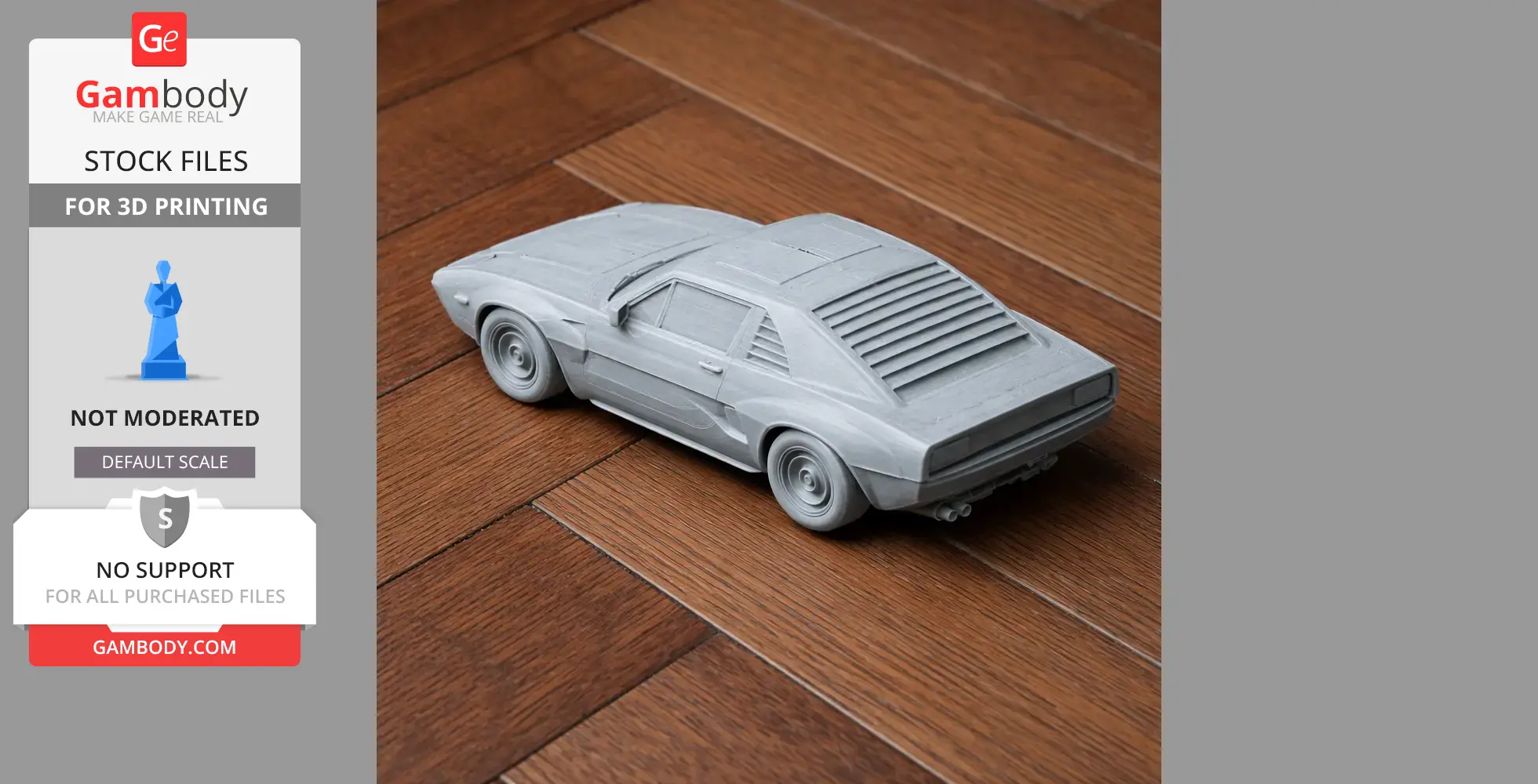 3D printed model of a vintage car on a wooden floor.