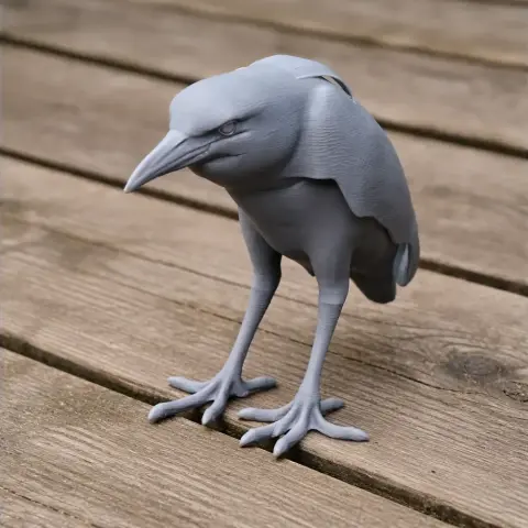 3D-printed black-crowned night heron model, standing on wooden surface, detailed feathers and pose.