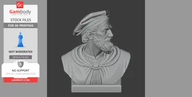 Bust of a historical figure with a beard and cap, wearing a draped cloak, ideal for 3D printing.