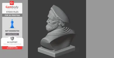 3D bust of a historical figure wearing a beret and cloak, posed on a rectangular base.