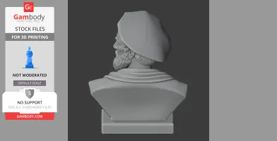 3D bust of a bearded man wearing a hat, viewed from the back, on a pedestal.