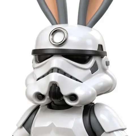 A Stormtrooper helmet with bunny ears, combining features of a cartoon rabbit and a sci-fi soldier.