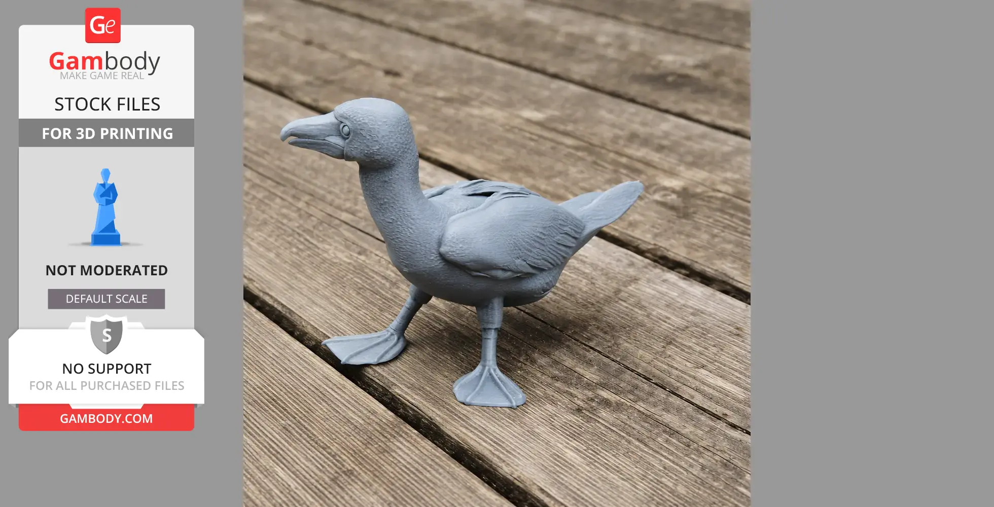 A 3D-printed grey model of a bird with webbed feet standing on a wooden surface.