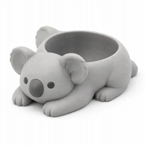 Gray koala-shaped bowl with large ears, a flat nose, and paws, designed for 3D printing.