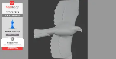 3D model of a booted eagle in flight, displayed in gray for 3D printing.