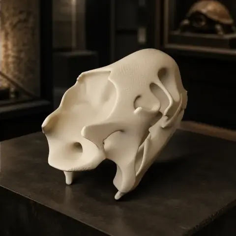 3D-printed replica of an Aldabra tortoise skull, detailed and smooth, on a dark surface.