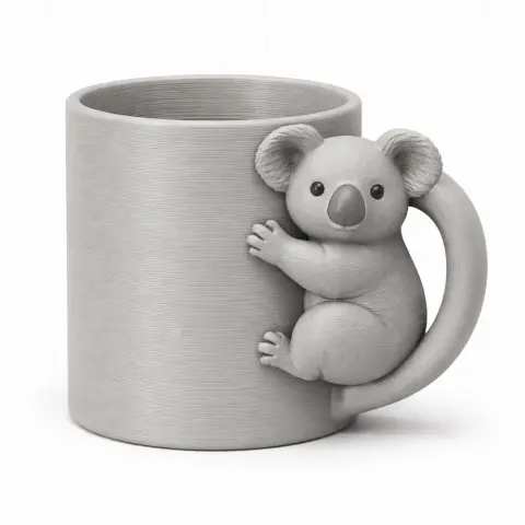 A mug with a handle shaped like a cute koala clinging to it.