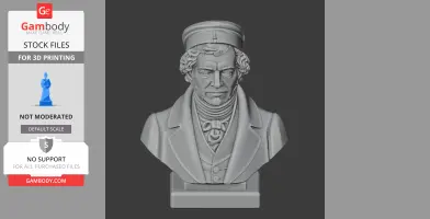 3D bust of a historical figure with curly hair and traditional attire, on a pedestal.