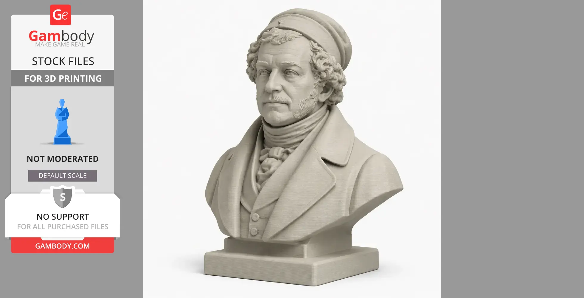Detailed 3D bust of a historical man in a coat and cap, designed for 3D printing.