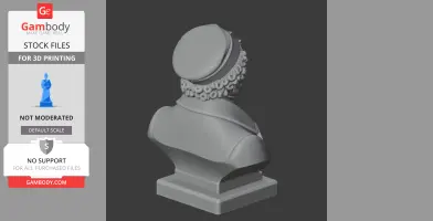 3D model bust of a historical figure with detailed curls and a hat, viewed from the back.
