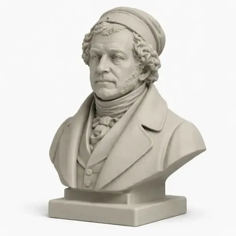 Bust of a historical figure in a coat and hat, detailed facial features, designed for 3D printing.