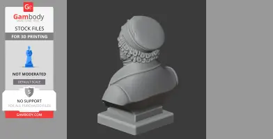 3D printed bust of a historical figure with a cap and detailed curly hair, shown from the back.