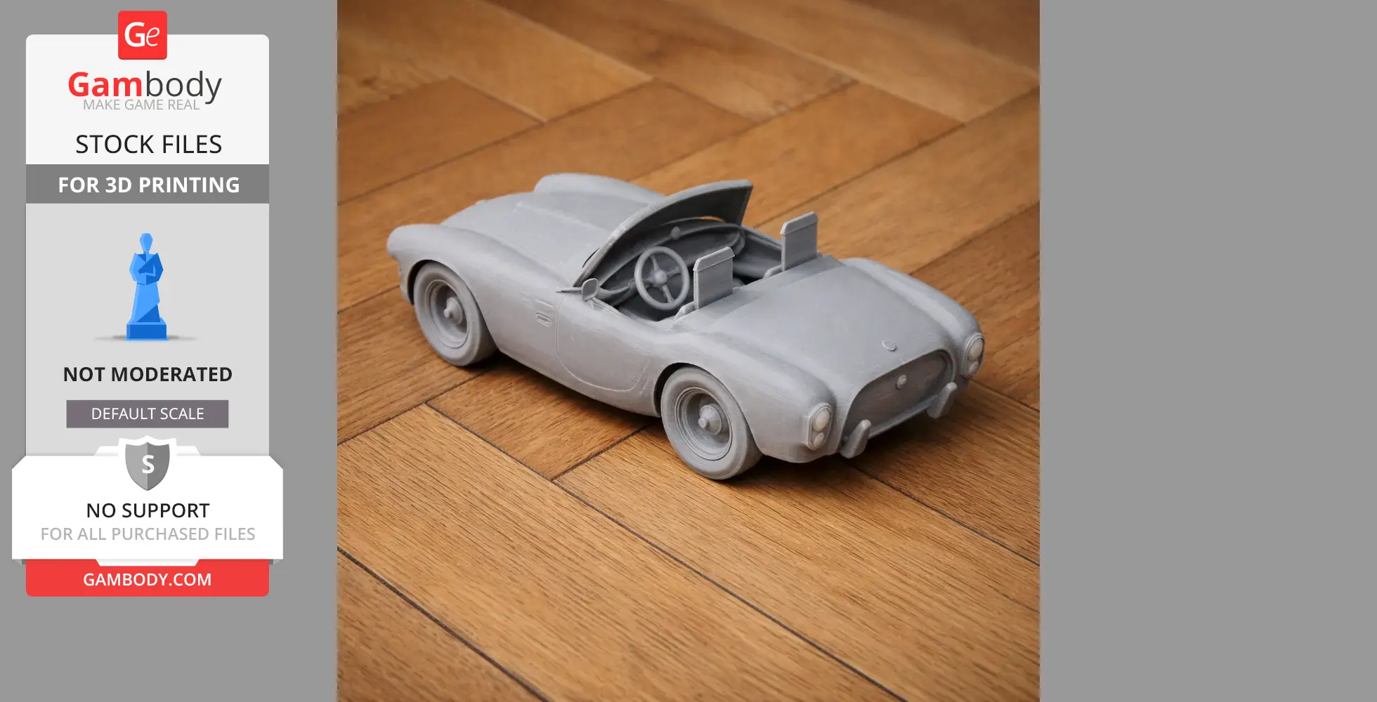 3D printed model of a vintage convertible car on a wooden floor.