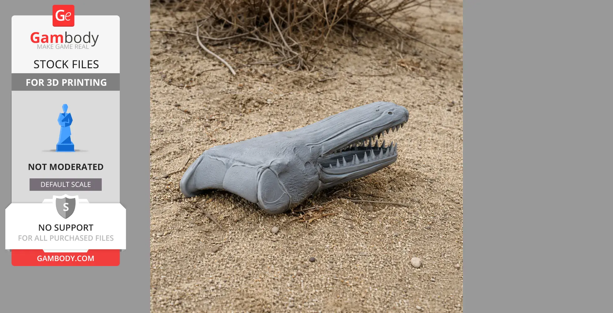 3D-printed alligator gar skull replica displayed on a sandy surface.
