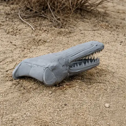 3D-printed alligator gar skull replica resting on sandy ground.