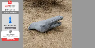 3D-printed alligator gar skull replica displayed on a sandy surface.