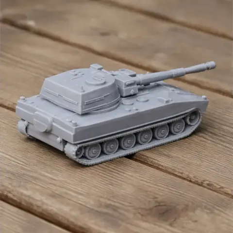 Gray 3D-printed tank model with detailed turret and tracks, placed on a wooden surface.