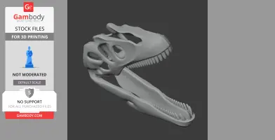 3D model of an Allosaurus skull with detailed teeth and openings, designed for 3D printing.