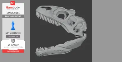 3D model of an Allosaurus skull with detailed bone structure and teeth for printing.