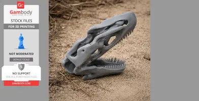 3D printed Allosaurus skull model on a sandy surface, showcasing textured details and open jaws.