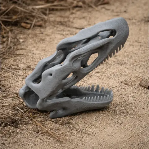 3D printed Allosaurus skull replica resting on sandy ground.
