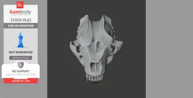 Amphimachairodus skull model for 3D printing, showcasing detailed structure and fangs.