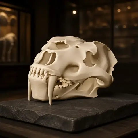 Model of an Amphimachairodus skull with large fangs, placed on a dark stone base.