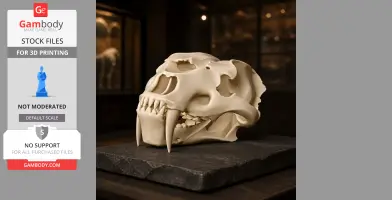 3D-printed Amphimachairodus skull replica on dark stone base.