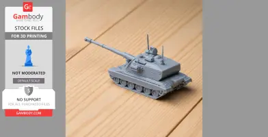 A detailed 3D-printed model of the 2S19 Msta tank displayed on a wooden surface.