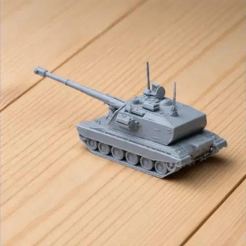 A detailed 3D-printed model of a 2S19 Msta tank on a wooden surface.
