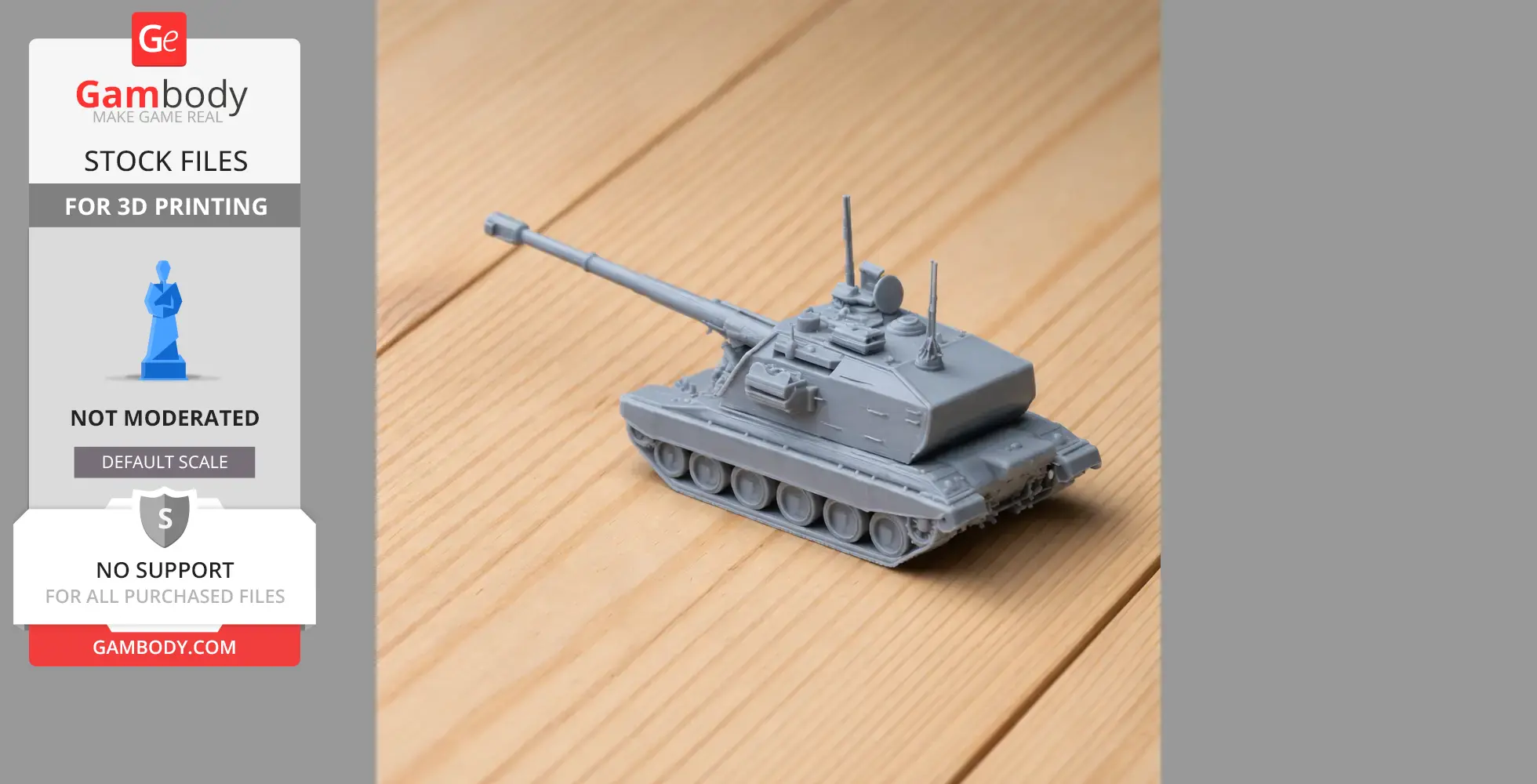 A detailed 3D-printed model of the 2S19 Msta tank displayed on a wooden surface.