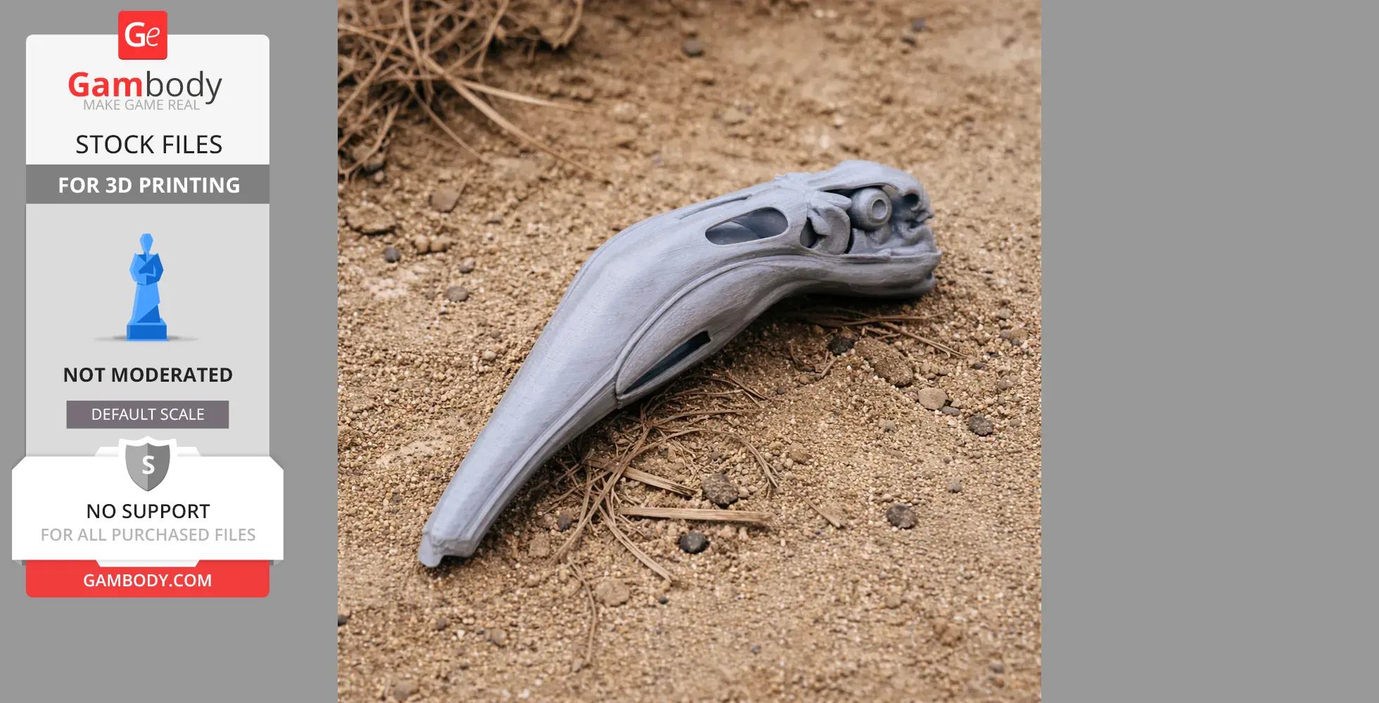 3D printed Andean flamingo skull replica lying on sandy ground.