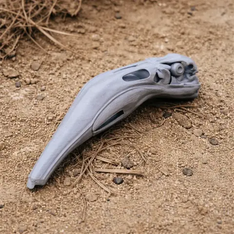 3D-printed Andean flamingo skull replica resting on sandy ground.