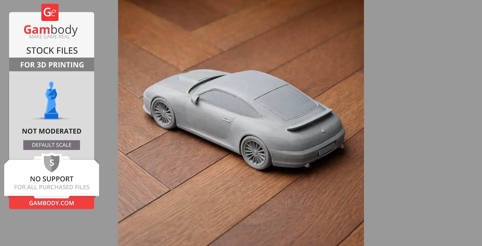 Gray 3D printed model of a sports car on wooden flooring, viewed from the rear side.