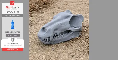 A 3D-printed Andrewsarchus skull replica displayed on sandy ground.
