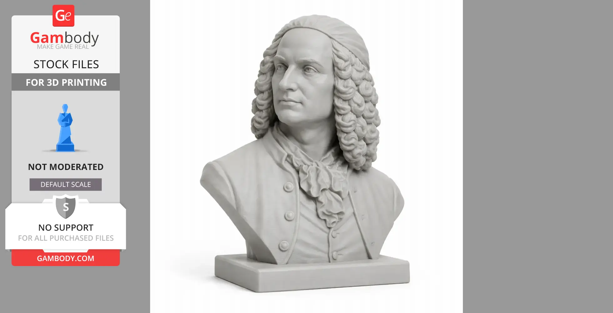 3D bust of a historical figure with curly hair and period clothing, suitable for 3D printing.