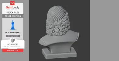 3D model of a bust with detailed curly hair and a draped cloth cap on a square base, rear view.