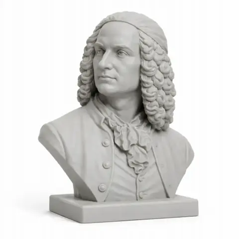 Bust of a classical figure with curly hair, wearing a detailed coat, on a rectangular base.