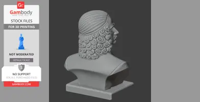 3D bust of a historical figure with detailed hair, viewed from the side on a pedestal.