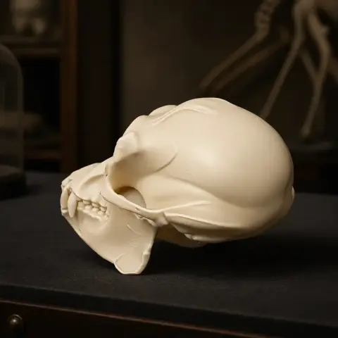 Replica of the Apidium skull on display, highlighting detailed cranial features for 3D printing.