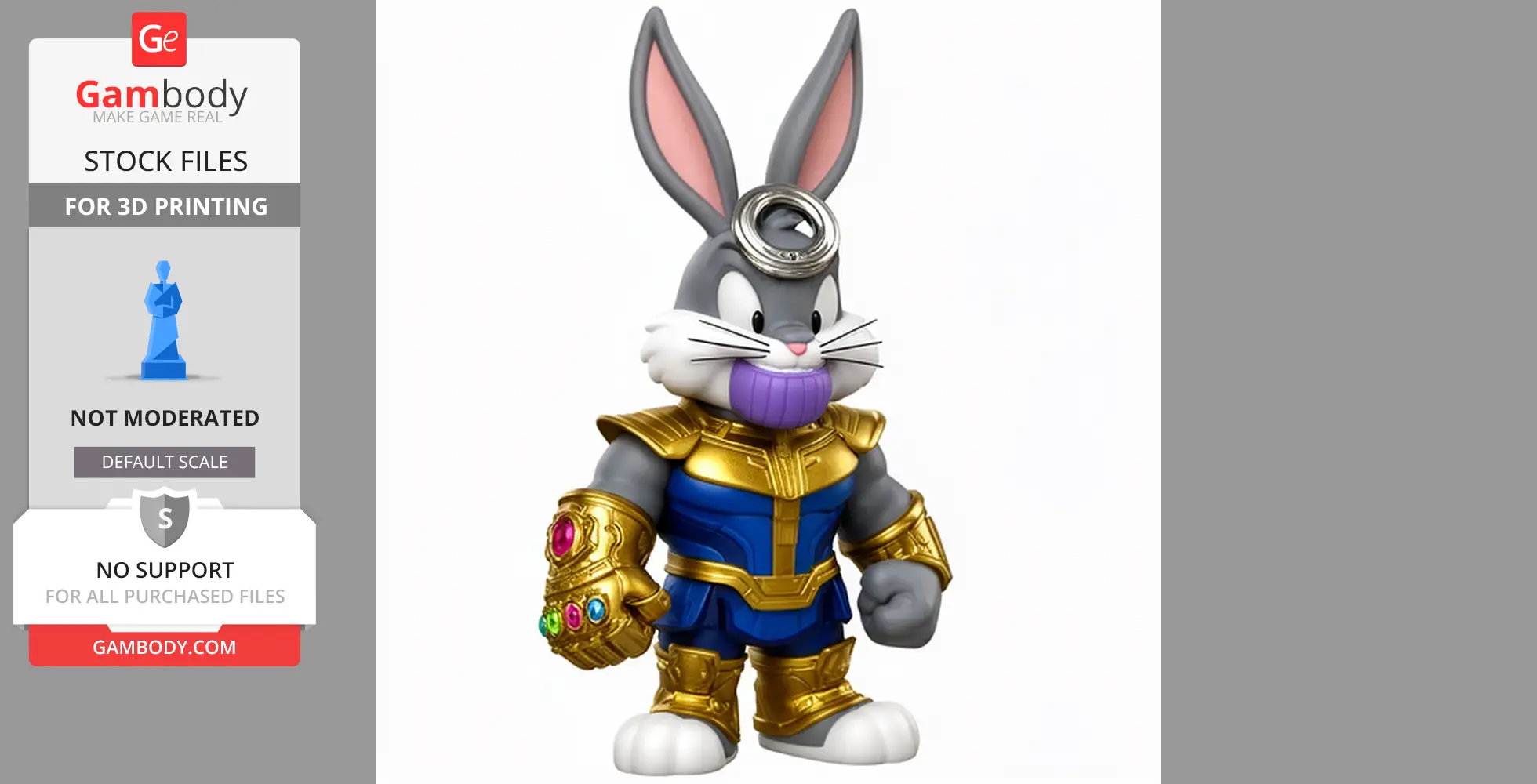 Mashup figure: Bugs Bunny in Thanos armor with Infinity Gauntlet, combining cartoon and superhero elements.