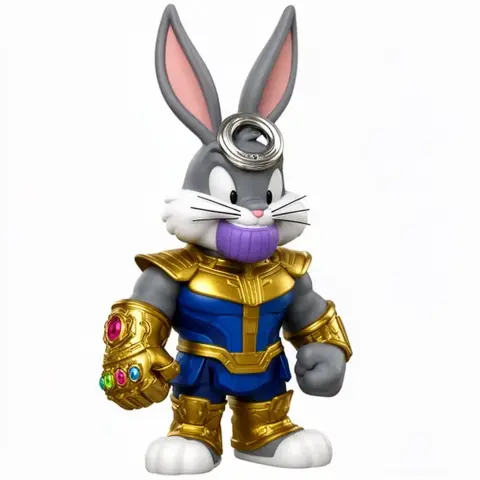 Mashup figure of Bugs Bunny as Thanos, wearing armor with a gauntlet and a ring on his head.