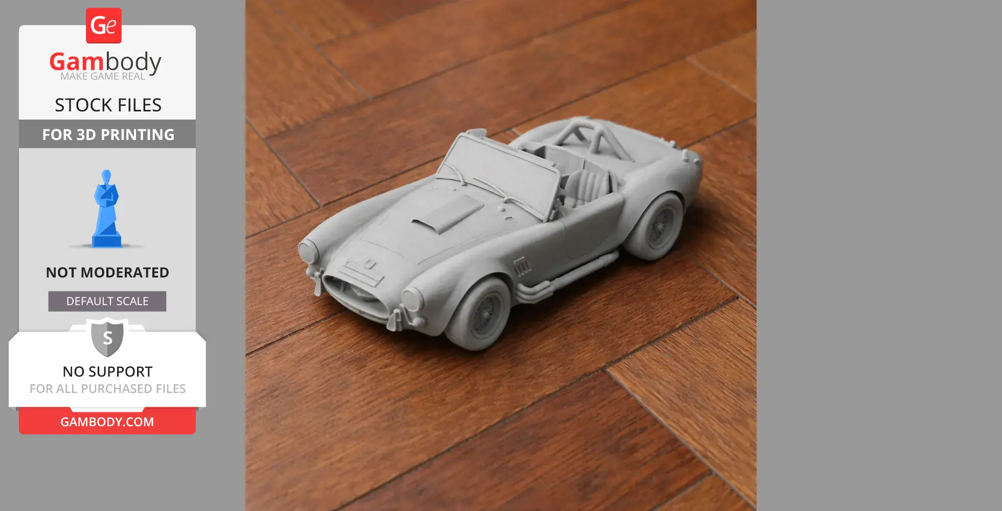 Gray 3D printed model of an AC Cobra car on a wooden surface.