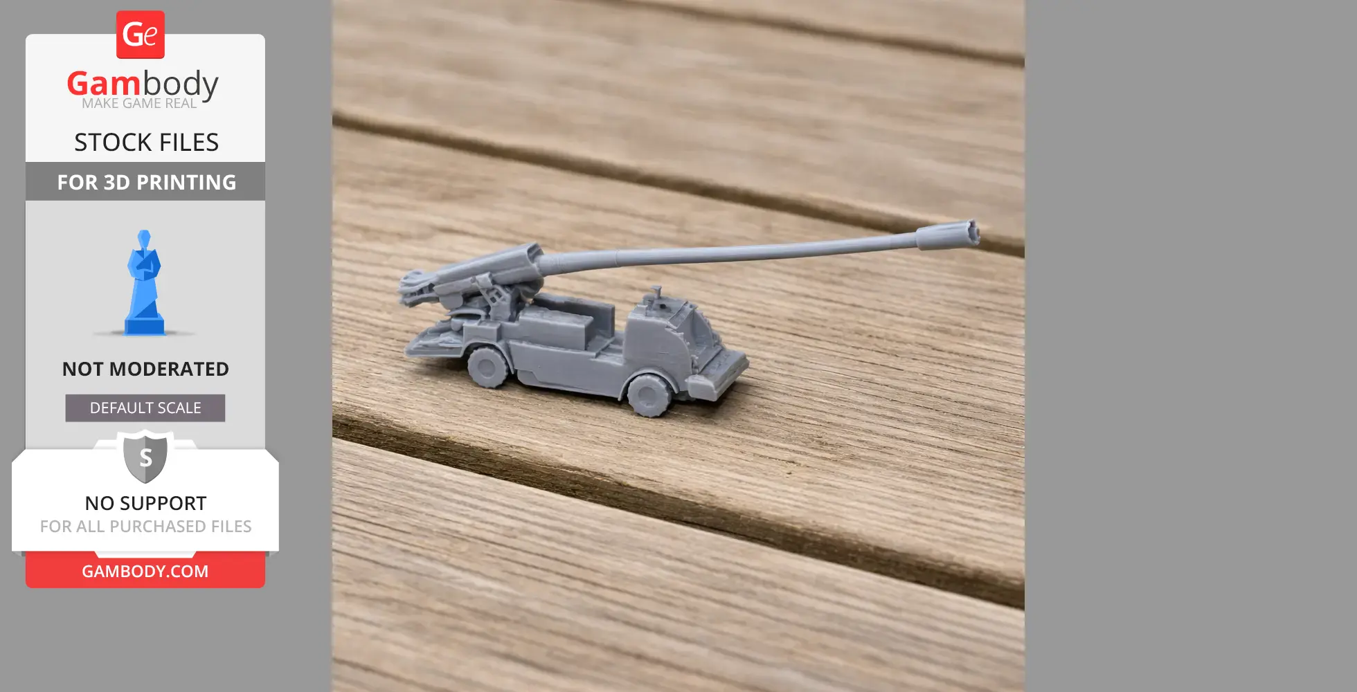 Gray 3D-printed model of a 2S22 Bohdana tank with a long cannon on a wooden surface.