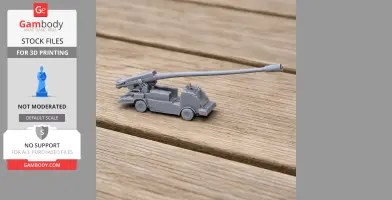 Gray 3D-printed model of a 2S22 Bohdana tank with a long cannon on a wooden surface.