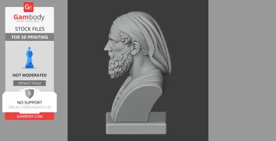 A detailed 3D bust of a bearded historical figure with a headscarf, mounted on a pedestal.